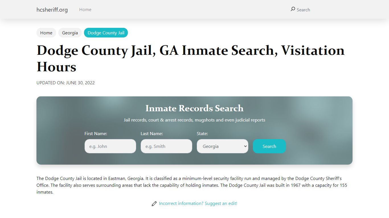 Dodge County Jail, GA Inmate Search, Visitation Hours